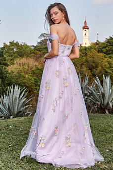 Tulle Lavender Off The Shoulder Long Prom Dress with Embroidery