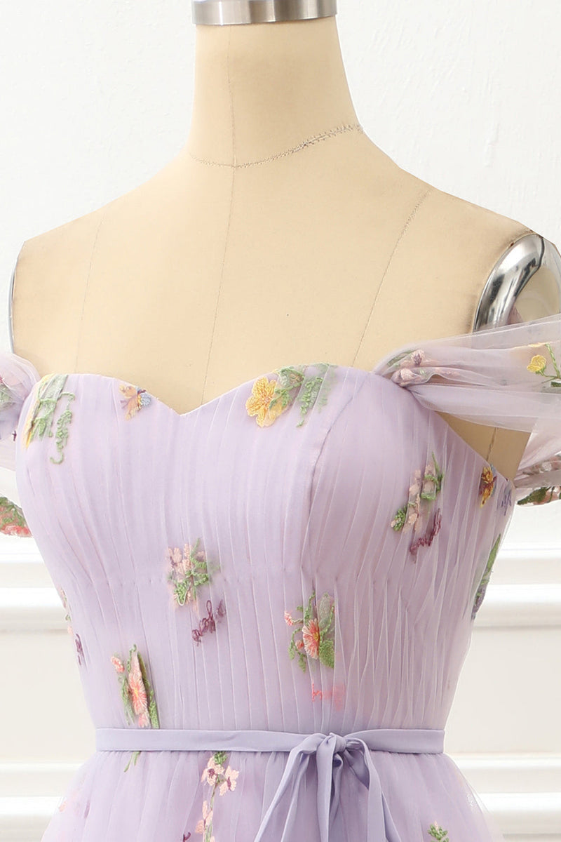 Load image into Gallery viewer, A-Line Tulle Off Shoulder Lavender Long Prom Dress with Embroidery