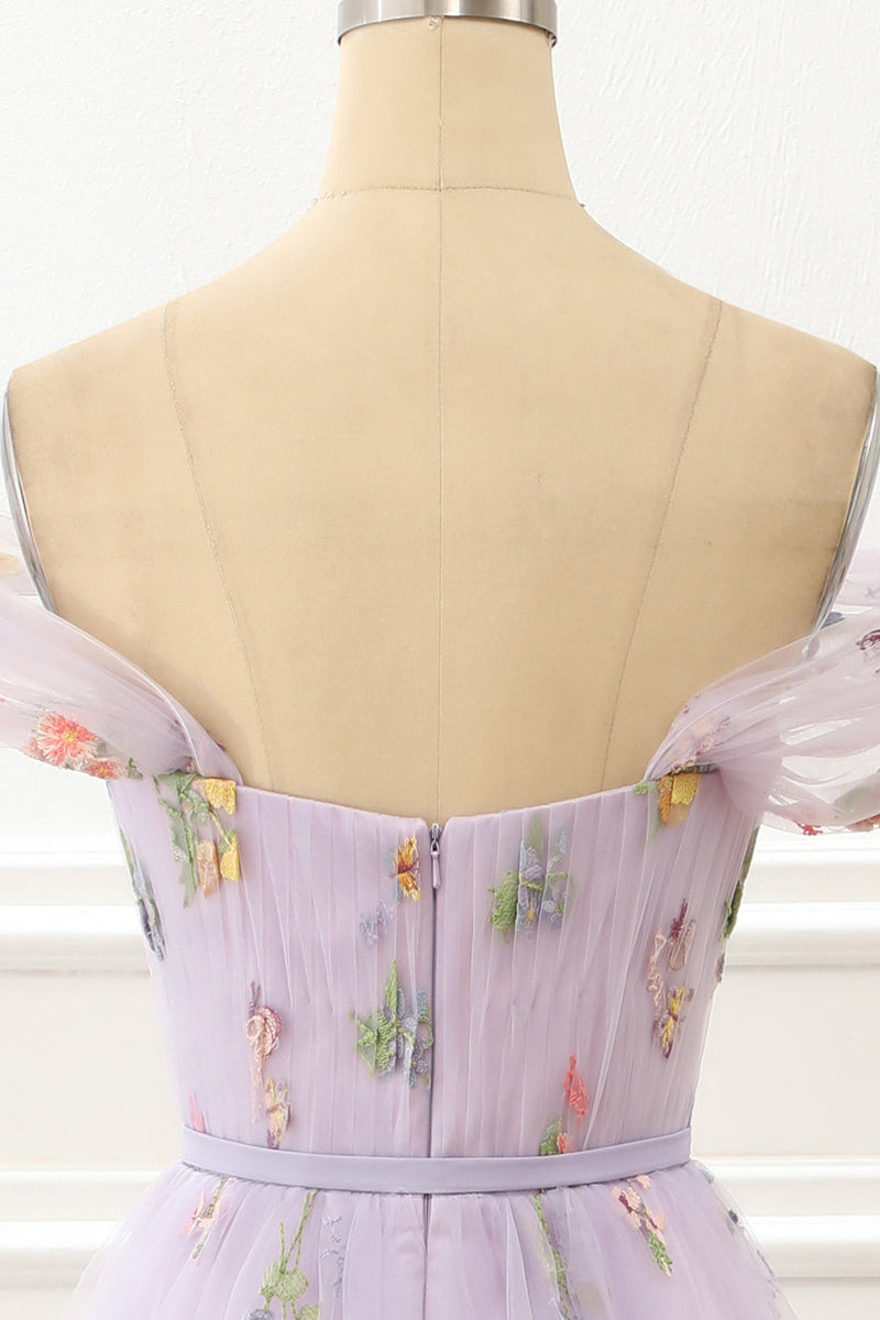 Load image into Gallery viewer, A-Line Tulle Off Shoulder Lavender Long Prom Dress with Embroidery