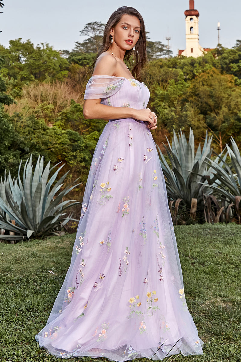 Load image into Gallery viewer, Tulle Lavender Off The Shoulder Long Prom Dress with Embroidery