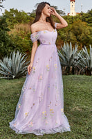 Load image into Gallery viewer, Tulle Lavender Off The Shoulder Long Prom Dress with Embroidery