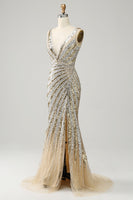 Load image into Gallery viewer, Mermaid Deep V Neck Golden Long Prom Dress with Slit