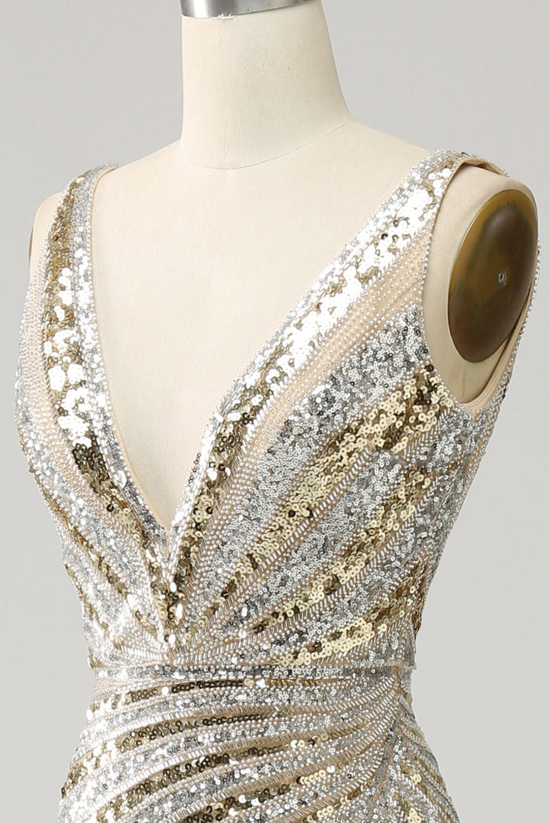Load image into Gallery viewer, Mermaid Deep V Neck Golden Long Prom Dress with Slit