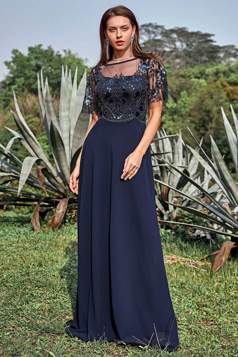 Load image into Gallery viewer, Navy Appliques Sequin Mother of Bride Dress