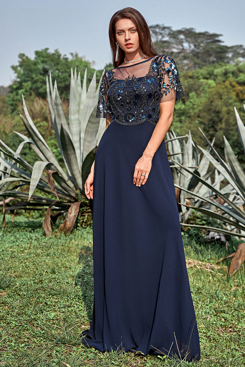 Load image into Gallery viewer, Navy Appliques Sequin Mother of Bride Dress