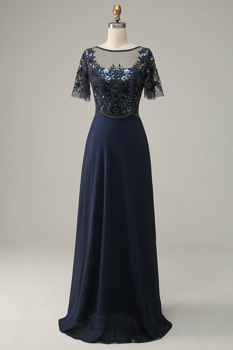Load image into Gallery viewer, Navy Appliques Sequin Mother of Bride Dress