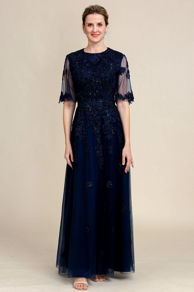 Load image into Gallery viewer, Sparkly Navy Beaded Mother of the Bride Dress with Lace