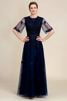 Load image into Gallery viewer, Sparkly Navy Beaded Mother of the Bride Dress with Lace