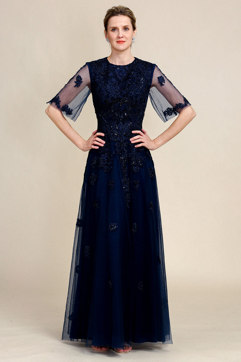 Load image into Gallery viewer, Sparkly Navy Beaded Mother of the Bride Dress with Lace