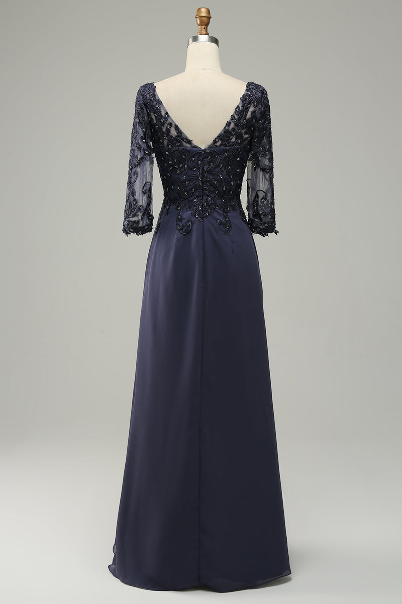 Load image into Gallery viewer, Long Sleeves Blue Mother of Bride Dress with Appliques