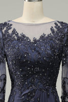 Load image into Gallery viewer, Long Sleeves Blue Mother of Bride Dress with Appliques