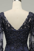 Load image into Gallery viewer, Long Sleeves Blue Mother of Bride Dress with Appliques