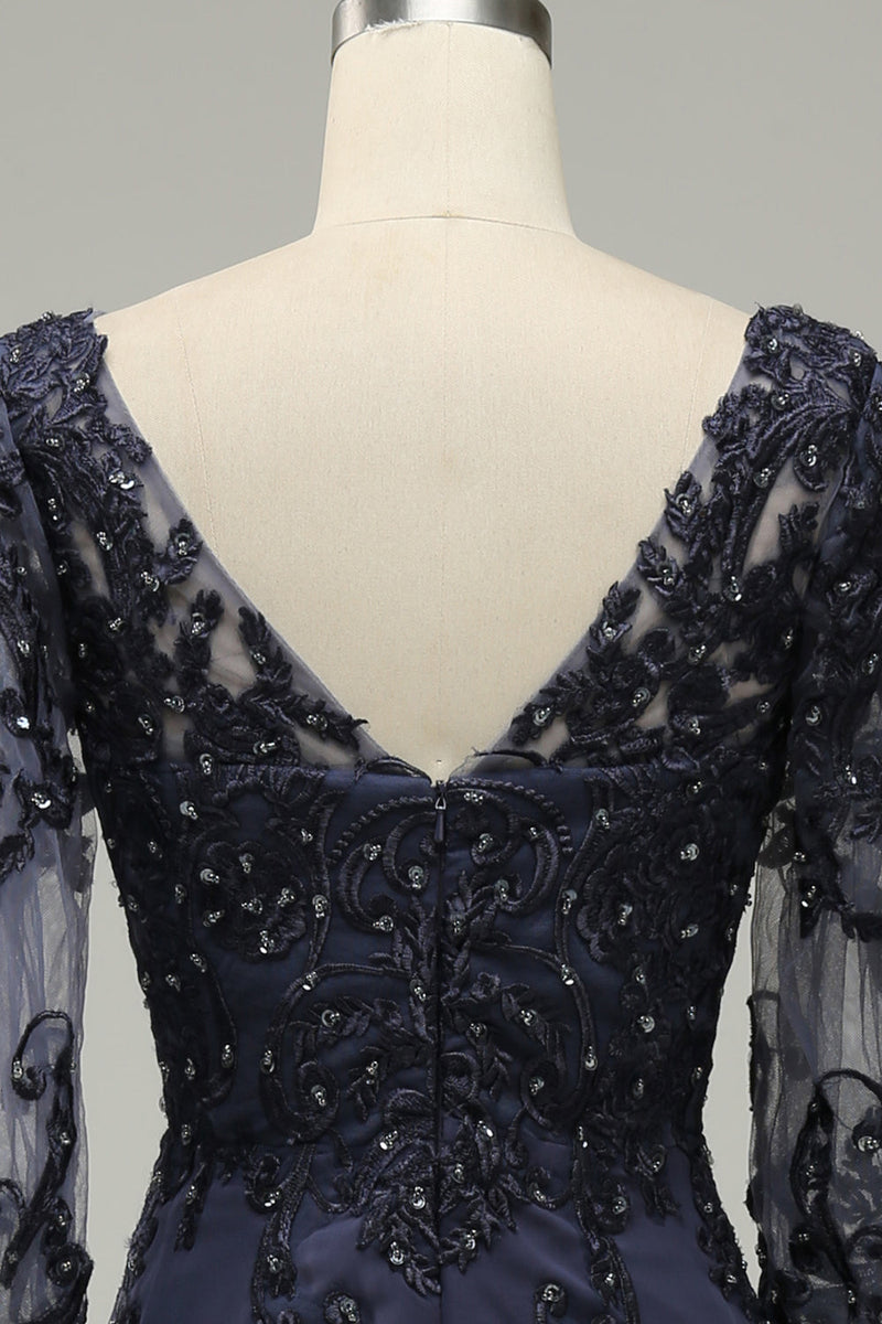 Load image into Gallery viewer, Long Sleeves Blue Mother of Bride Dress with Appliques