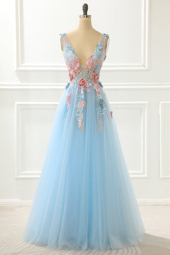 A-Line Blue Princess Prom Dress With Appliques