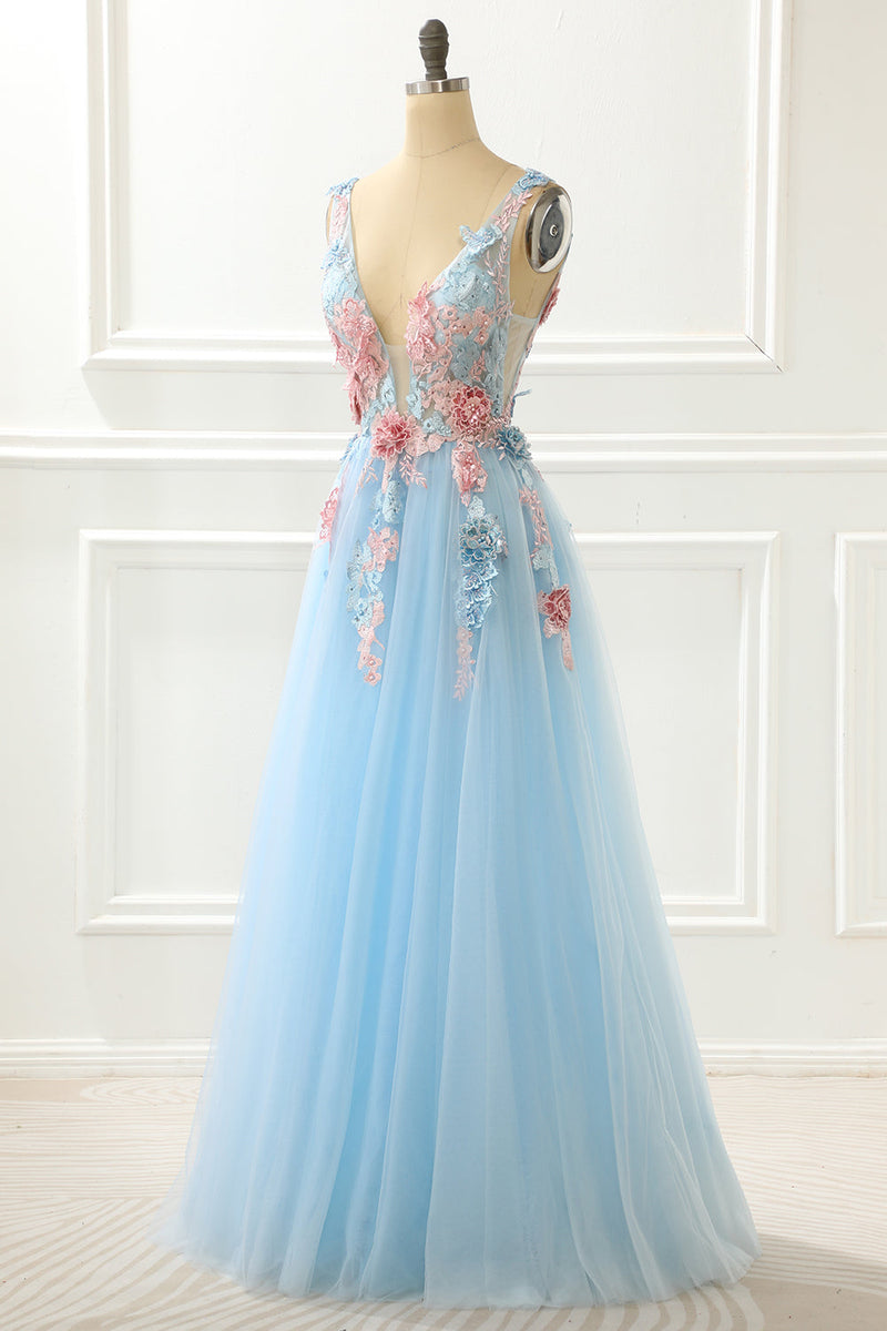 Load image into Gallery viewer, A-Line Blue Princess Prom Dress With Appliques