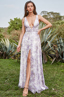 Load image into Gallery viewer, Deep V Neck Printed Iovry Purple Long Prom Dress with Slit