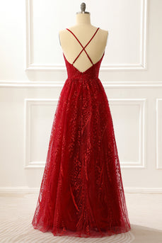 A-Line Spaghetti Straps Burgundy Princess Long Prom Dress