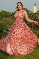 Load image into Gallery viewer, Rust Print Plus Size Prom Dress with Slit
