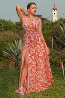 Load image into Gallery viewer, Rust Print Plus Size Prom Dress with Slit