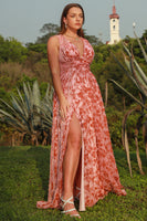 Load image into Gallery viewer, Rust Print Plus Size Prom Dress with Slit