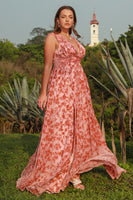 Load image into Gallery viewer, Rust Print Plus Size Prom Dress with Slit