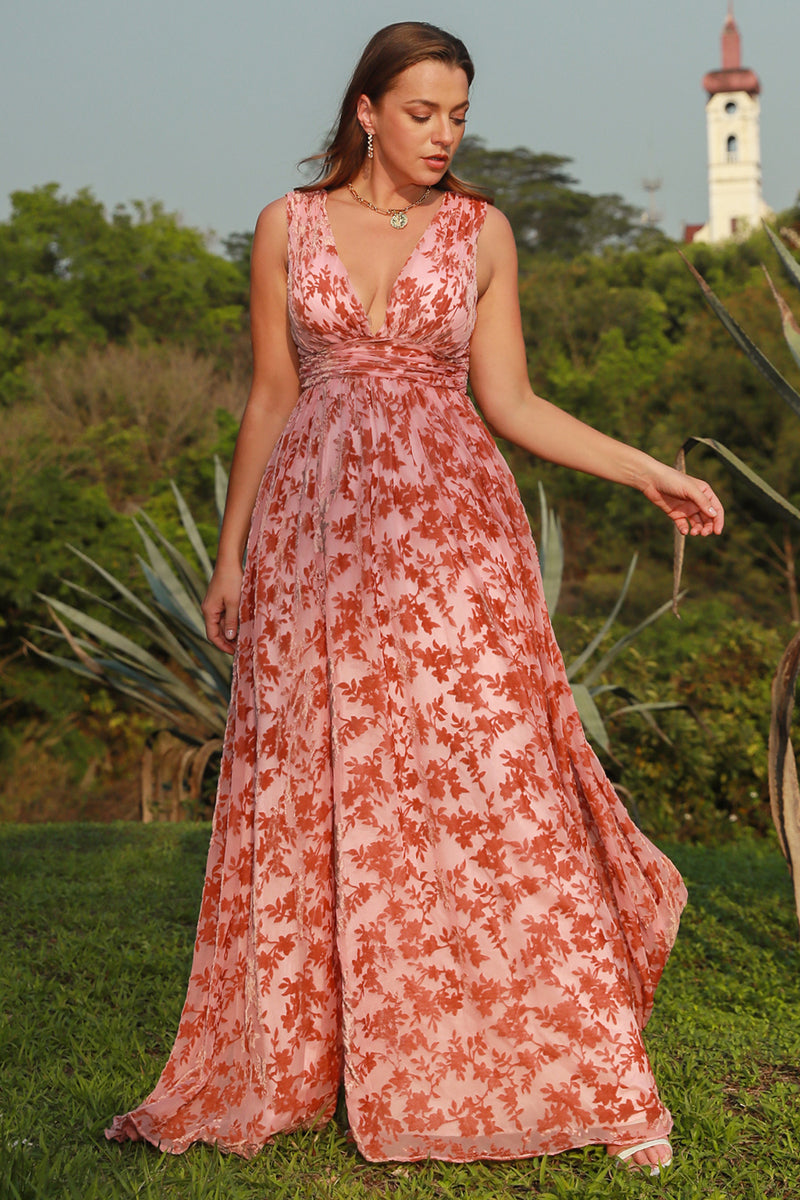 Load image into Gallery viewer, Rust Print Plus Size Prom Dress with Slit