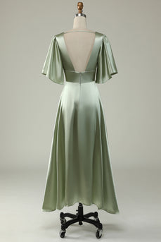 Satin Deep V-Neck Light Green Long Prom Dress with Button