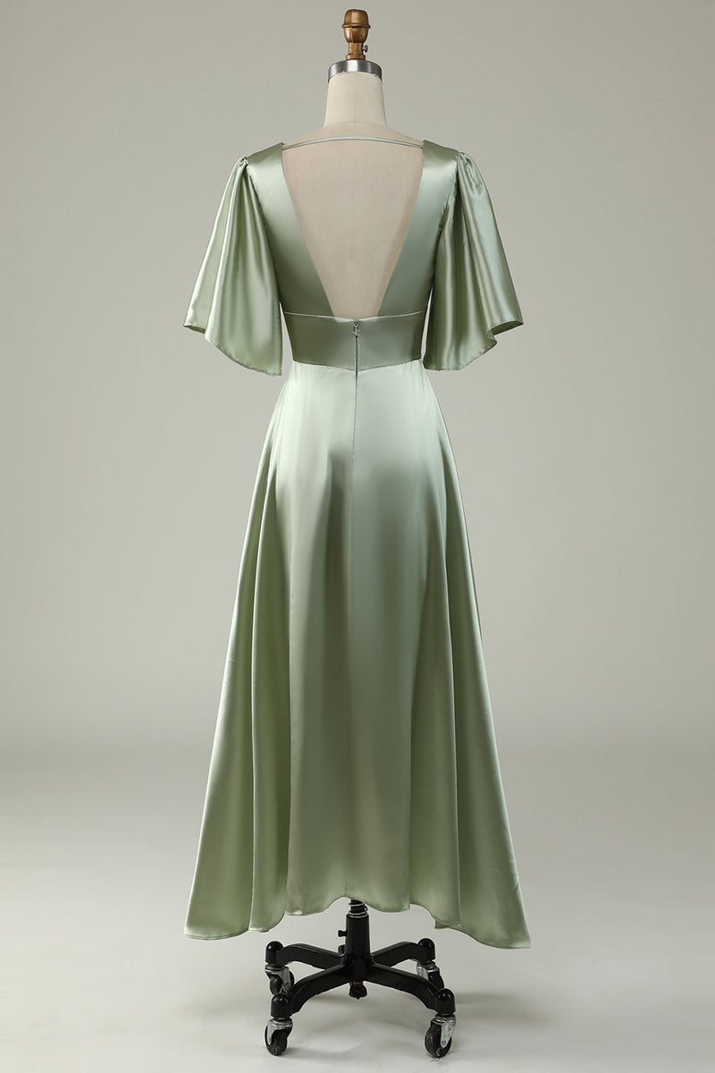 Load image into Gallery viewer, Satin Deep V-Neck Light Green Long Prom Dress with Button