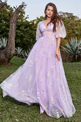 A-Line Tulle Lavender Princess Corset Prom Dress with Embroidery