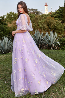 A-Line Tulle Lavender Princess Corset Prom Dress with Embroidery
