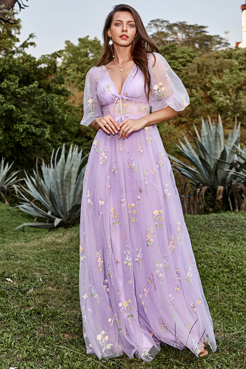 Load image into Gallery viewer, A-Line Tulle Lavender Princess Corset Prom Dress with Embroidery
