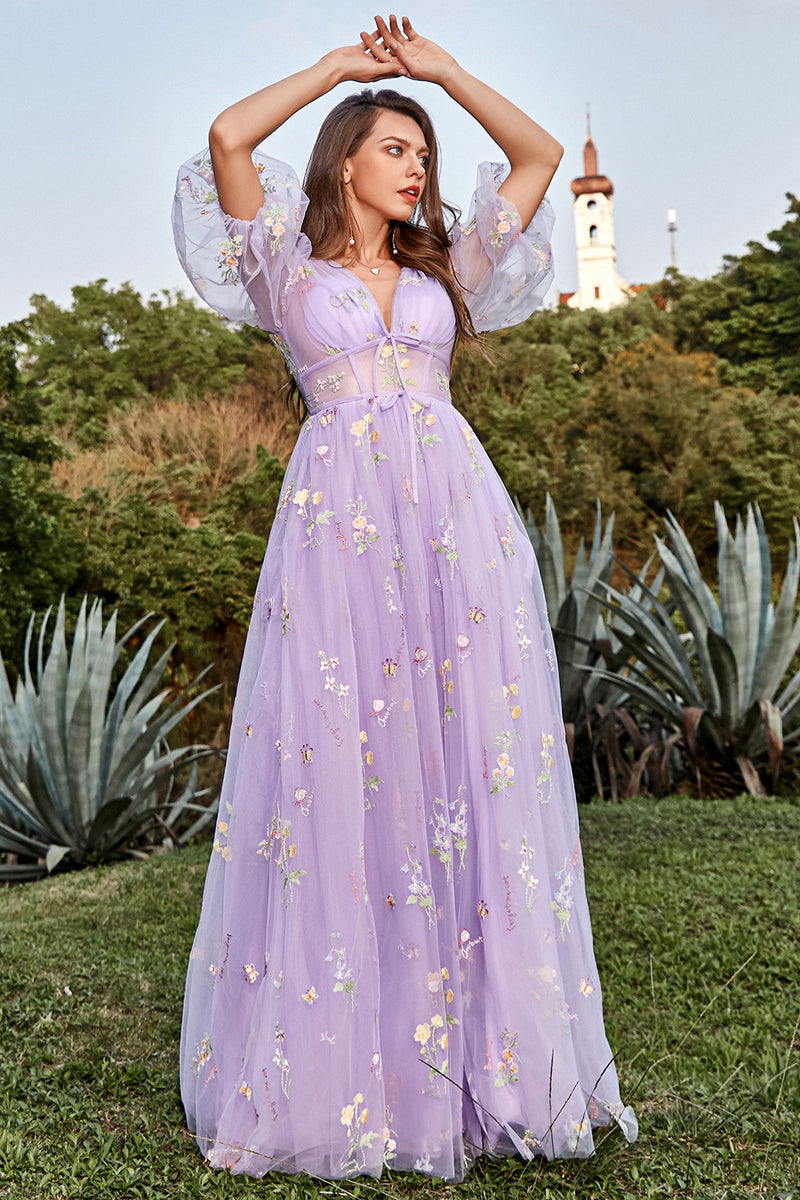 Load image into Gallery viewer, A-Line Tulle Lavender Princess Corset Prom Dress with Embroidery