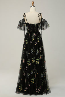 Floral Cold Shoulder Black Long Prom Dress with Embroidery