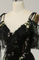Load image into Gallery viewer, Floral Cold Shoulder Black Long Prom Dress with Embroidery