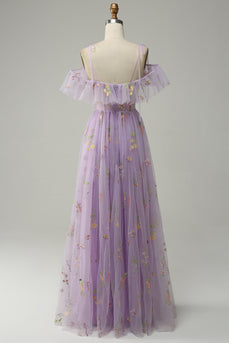 A-Line Floral Lavender Long Prom Dress with Embroidery