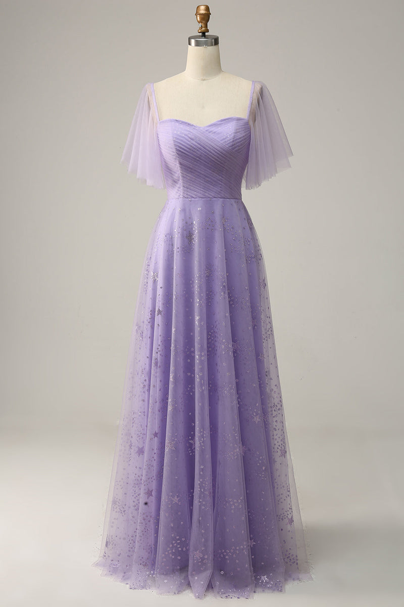 Load image into Gallery viewer, Off Shoulder Lavender Prom Dress with Ruffles
