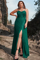 Load image into Gallery viewer, Dark Green Spaghetti Straps Sparkly Long Prom Dress with Slit