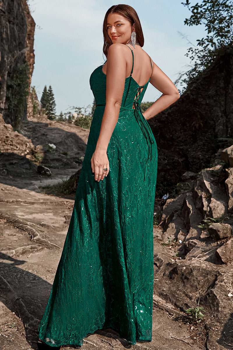 Load image into Gallery viewer, Dark Green Spaghetti Straps Sparkly Long Prom Dress with Slit