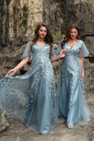 Load image into Gallery viewer, Plus Size Grey Blue Tulle Embroidered Leaves Prom Dress