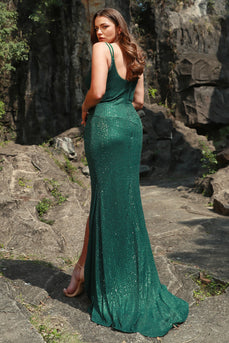 Dark Green Sequined Spaghetti Straps Plus Size Prom Dress with Slit