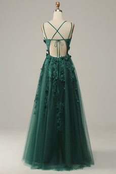 A-Line Tulle Dark Green Long Prom Dress with Slit