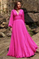 Load image into Gallery viewer, Hot Pink Long Sleeves Plus Size Prom Dress with Ruffles