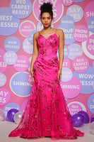 Load image into Gallery viewer, Mermaid Spaghetti Straps Fuchsia Long Sequins Prom Dress