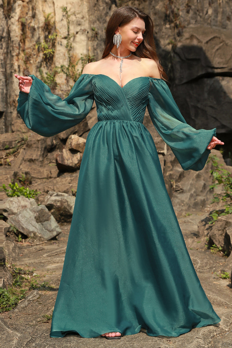 Load image into Gallery viewer, Off the Shoulder Green Plus Size Prom Dress with Ruffles