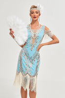 Load image into Gallery viewer, Black Cold Shoulder Sequins Fringes 1920s Gatsby Dress
