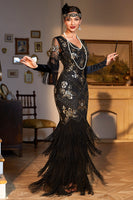 Load image into Gallery viewer, Sheath V Neck Black Sequins Long 1920s Flapper Dress with Fringes