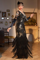 Load image into Gallery viewer, Sheath V Neck Black Sequins Long 1920s Flapper Dress with Fringes