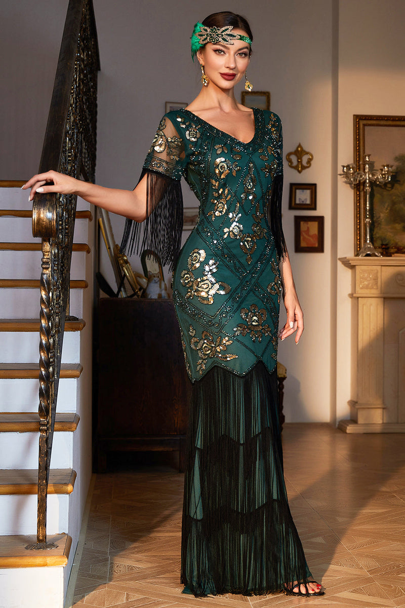 Load image into Gallery viewer, Sheath V Neck Black Sequins Long 1920s Flapper Dress with Fringes