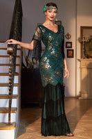 Load image into Gallery viewer, Sheath V Neck Dark Green Sequins Long 1920s Flapper Dress with Fringes