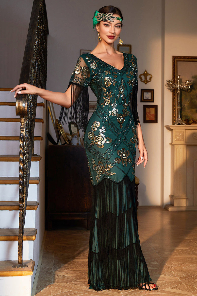 Load image into Gallery viewer, Sheath V Neck Dark Green Sequins Long 1920s Flapper Dress with Fringes